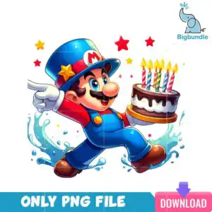 mario3.png cartoon man in blue hat and overalls holding chocolate birthday cake