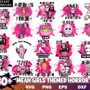 Halloween collage with horror cartoon characters, pink splatter and funny quotes