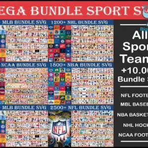 Navy, red and gold sports logo sheet with NFL, MBL, NBA, NHL and NCAA lettering and a grid of team badges