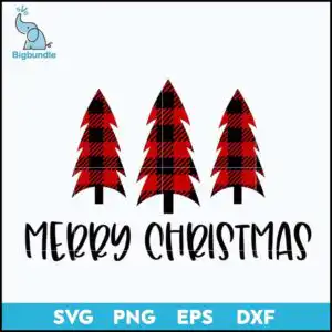 Sign with three plaid trees in red buffalo plaid and Merry Christmas text