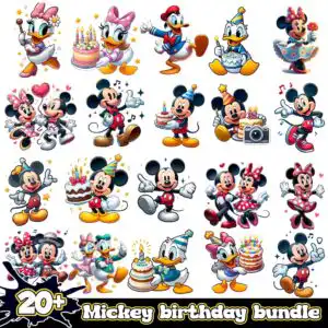 Mickey Mouse birthday shirt PNG bundle preview with chibi mice, ducks, cakes and balloons on white background