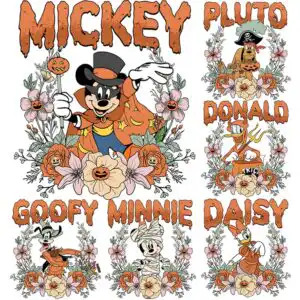 Six Halloween costumed cartoon animals with floral frames and drippy TRICK lettering