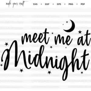 midnight2.jpg Black hand-lettered script reading meet me at Midnight with a crescent moon and small stars on a white background