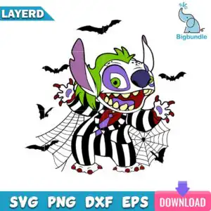 Cartoon bat-eared creature in black and white striped suit with green hair and red claws