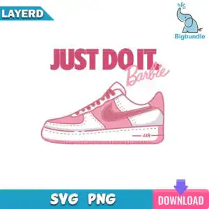 Pink and white sneaker graphic with swoosh and Just Do It Barbie AIR text