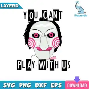 mockup-bigbundle-6_f4517fdd-12f8-4db8-8d34-fba35a37849f.jpg White cartoon ventriloquist dummy puppet head with black spiky hair, hot pink eyes and You Cant Play With Us text