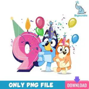 Two cartoon puppies in party hats with large pink number 9 decorated with sprinkles, balloons and confetti