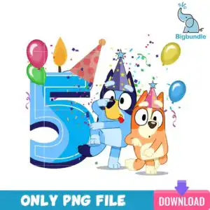mockup-bigbundle-bbtd-_9.jpg Two cartoon puppies celebrating 5th birthday with large number 5, party hats and colorful balloons