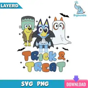 mockup-bigbundle-bl1-_4.jpg Three costumed cartoon dogs in Frankenstein, vampire and ghost costumes with TRICK & TREAT text