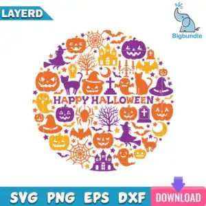 mockup-bigbundle-hlw0003.jpg Circular Halloween badge wreath with Happy Halloween text surrounded by pumpkins, witches, cats and ghosts