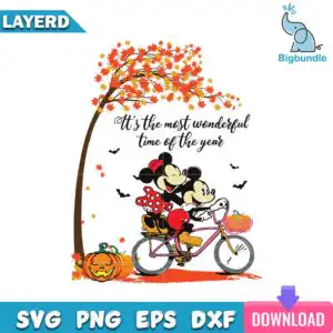 mockup-bigbundle-hlw1609201.jpg Two cartoon mice riding pink tandem bicycle under orange autumn tree with jack-o-lantern and bats