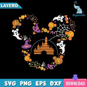 Disney castle with Mickey head wreath made of pumpkins ghosts and witch hats around castle silhouette