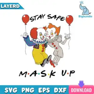 mockup-bigbundle-hlw1809205.jpg Two cartoon clowns holding red balloons with Stay Safe M.A.S.K U.P text