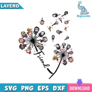 Two black dandelion puff flowers with small chibi costumed figures as floating seeds and pink hearts on white