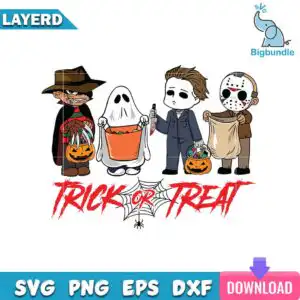 Four chibi kids in Halloween costumes with Trick Or Treat lettering and pumpkin buckets