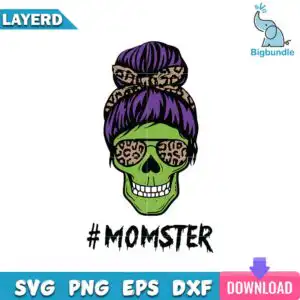 mockup-bigbundle-hlw2209203.jpg Green skull with purple messy bun, leopard bow and sunglasses and LAYERD #MOMSTER text