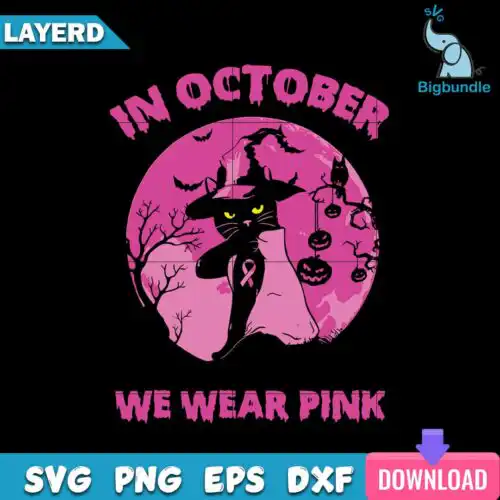 In October We Wear Pink Svg, Witch Cat Svg, Halloween Svg, SG01072356