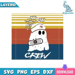 mockup-bigbundle-hlw26092013.jpg Cartoon ghost in nurse hat with red cross holding heart bandage, Boo Boo Crew text over retro sunset