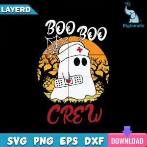 Cartoon ghost nurse with BOO BOO CREW text, nurse hat and bandage