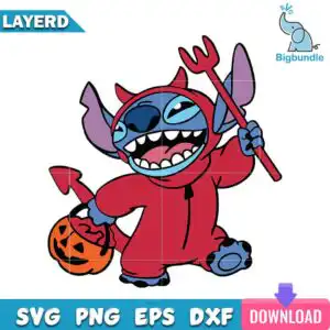 Cartoon alien creature in red hooded devil jumpsuit with horns holding orange jack-o-lantern bucket and red pitchfork