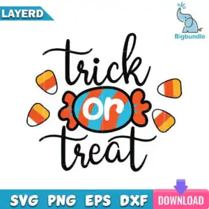 Halloween trick or treat text with wrapped candy and candy corn in orange and yellow