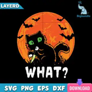 Black cat holding knife before orange moon with bats and distressed white lettering