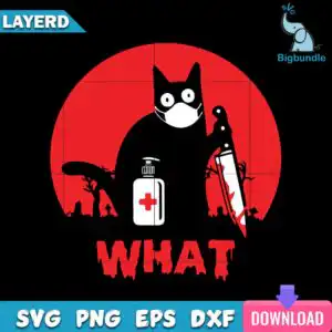 Black cat wearing white mask holding knife and sanitizer bottle on red circle