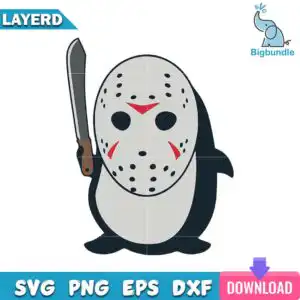 Chibi penguin wearing hockey mask with red chevrons holding machete, cute spooky cartoon