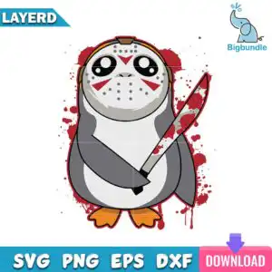 Chibi penguin wearing hockey mask with red markings holding bloody machete