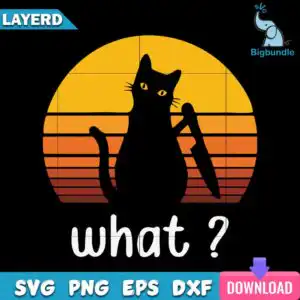 Black cat silhouette holding a blade before a retro sunset circle with yellow eyes