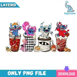 mockup-bigbundle-hw_cf_mv_ct07_glass.jpg Four cartoon Halloween creatures in coffee cups with whipped topping pumpkins and skull flame