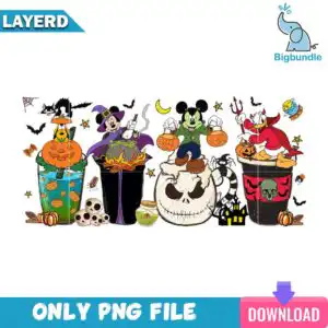 Four Halloween coffee cups with cartoon cat, witch mouse, skull and pumpkins in orange and purple