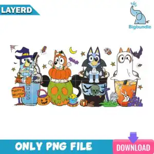 Four cartoon dogs in Halloween costumes inside pumpkin decorated cups with Happy Halloween text