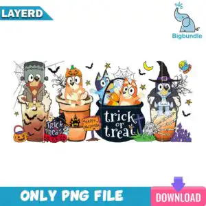 mockup-bigbundle-hw_cf_mv_ct24_glass.jpg Five cartoon dogs in Halloween costumes inside iced coffee cups and a black cauldron with Happy Halloween text