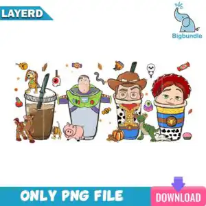 Four cartoon coffee cups with toy animals and Halloween candy, pumpkins and lollipops in orange purple and black
