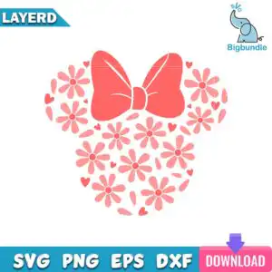 mockup-bigbundle-file-l_-daisies-minnie.jpg Floral mouse head silhouette with large bow and daisy flowers in coral red and light pink