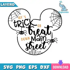 Halloween quote design with Let's Trick Or Treat Down Main Street inside black three-lobed head outline with spider webs