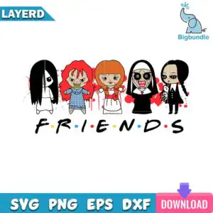 Five chibi horror girls in a row with LAYERD FRIENDS text and red blood splatter on white background
