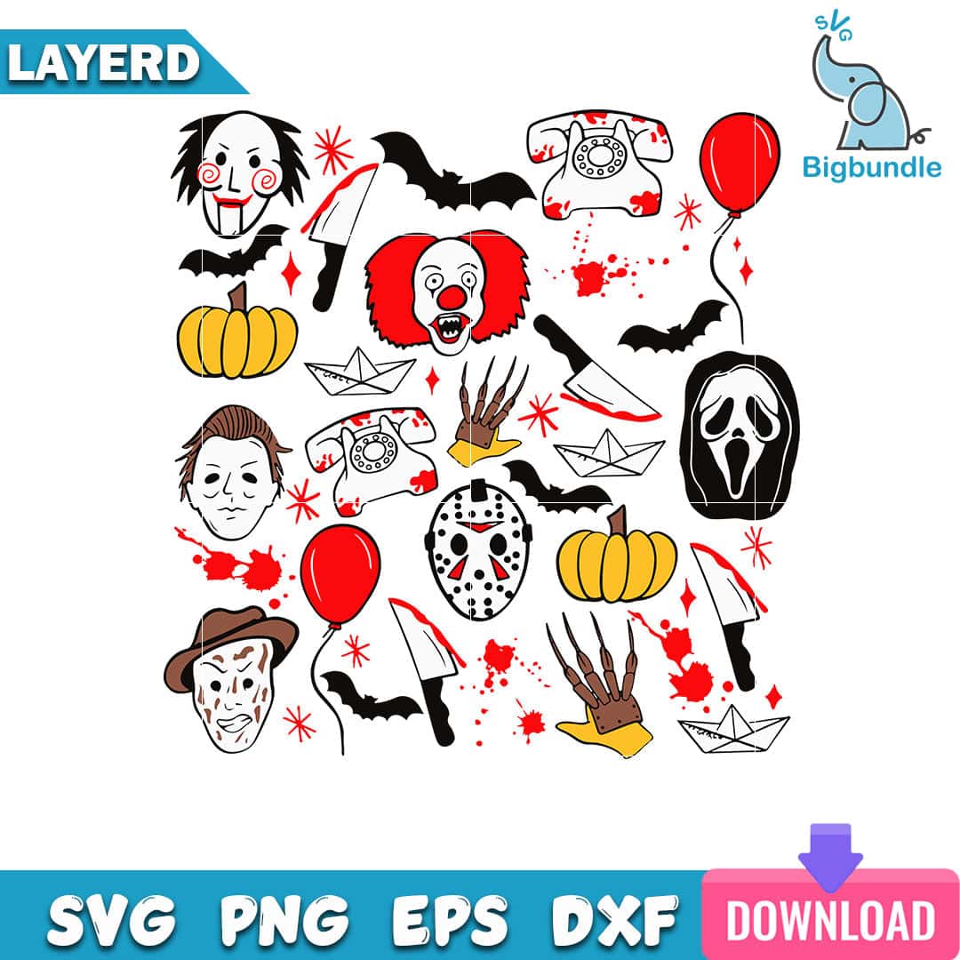 mockup bigbundle file l Halloween Horror character doodle collage