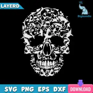 mockup-bigbundle-file-l_-halloween-shark-skull-animals.jpg Black skull silhouette formed by many small sharks with open jaws and eye sockets as negative space