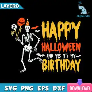 Cartoon skeleton wearing striped party hat holding ghost and pumpkin balloons with Happy Halloween birthday text