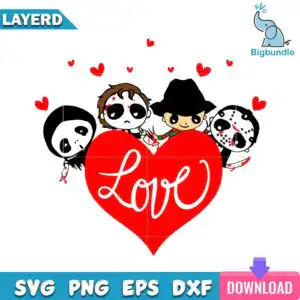 Four chibi masked figures behind large red heart that says Love with small hearts and knives
