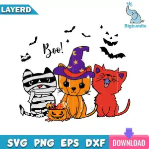 Three cartoon cats in Halloween costumes with Boo text, mummy cat and witch hat cat