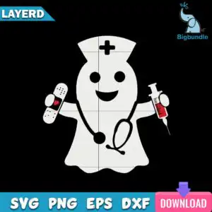 Smiling ghost wearing nurse hat with stethoscope, bandage and syringe in cartoon style