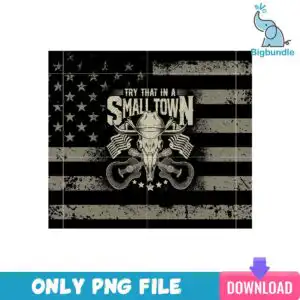 Bull skull with cowboy hat, guitars and American flag with TRY THAT IN A SMALL TOWN text