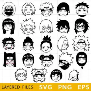 24 chibi anime heads with headbands, masks and varied hairstyles in black and white with yellow accents