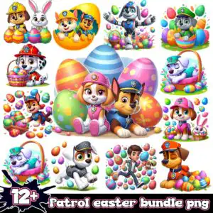 patroleasterpngbundle.jpg Preview sheet of cartoon puppies with Easter eggs, bunnies and baskets on white background