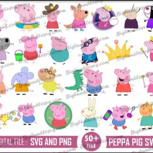 pepapg.jpg Peppa Pig cartoon characters and party accessories clipart grid in pink red and blue