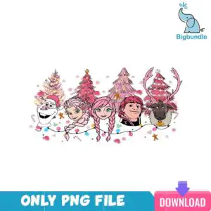 Pink Disney Christmas design with five cartoon winter figures and pink trees