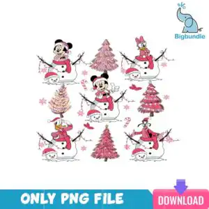 pinkdisneychristmas_2.png Cartoon collage of snowmen, mouse in Santa hat, duck with bow and pink Christmas trees